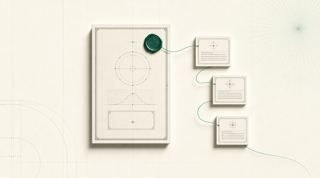 A certificate of attestation sealed with an emerald wax-seal, threaded to smaller proof cards, Benchlist's commitment chain visualized
